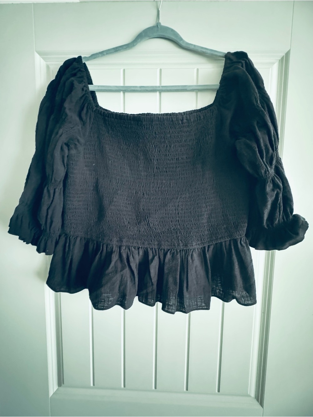 INC International Concepts Black Smocked Peplum Puff-Sleeve Top